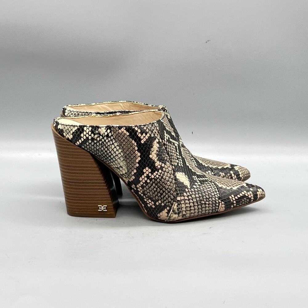 Sam Edelman Shoes Womens 7.5 Brown Snake Leather Block Heel Mules Pointed Toe